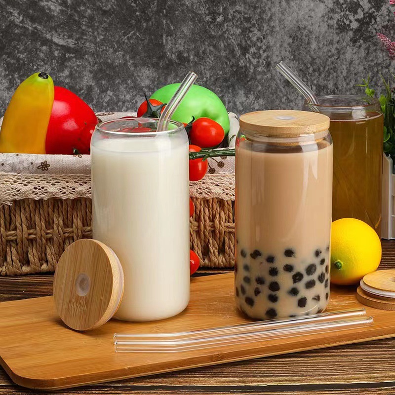 Drinking Glasses with Bamboo Lids and Straw 16oz 2
