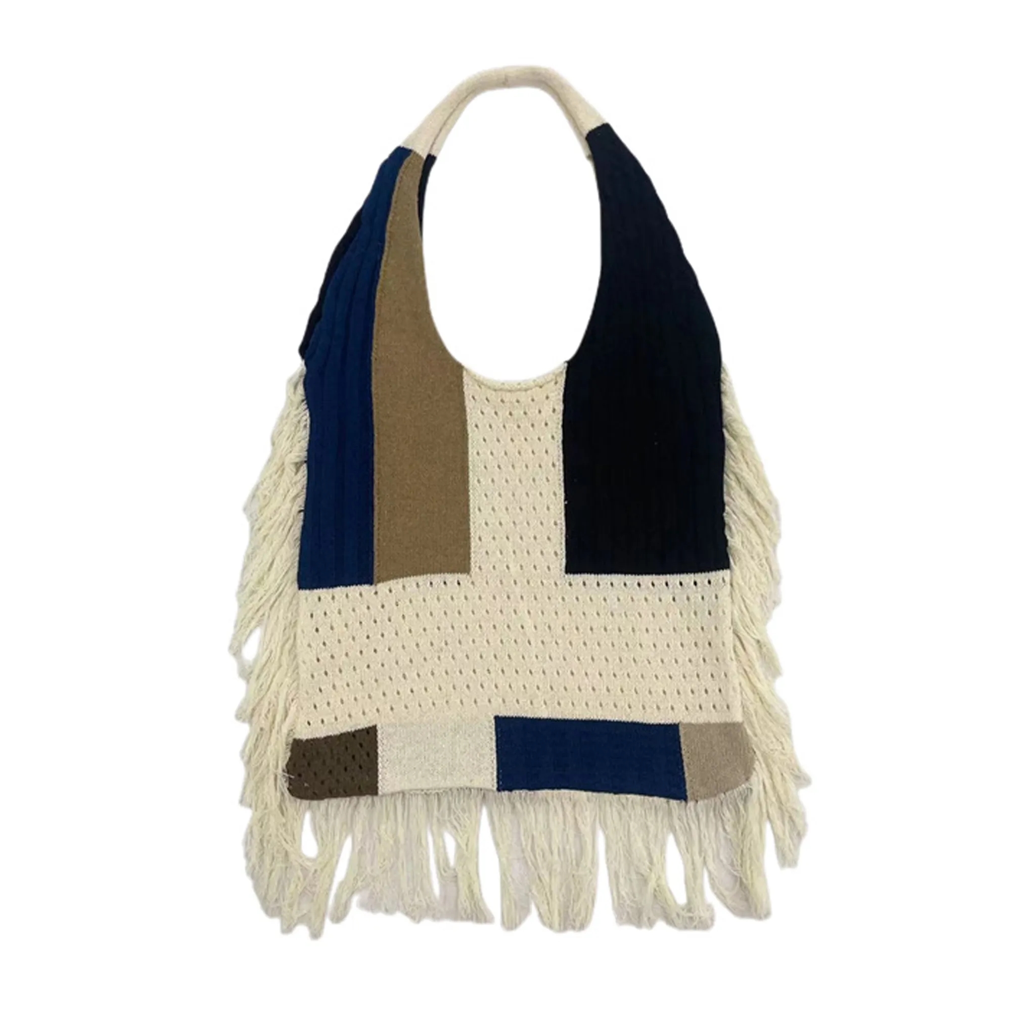 Tassel Patchwork Knitted Tote Bag 5