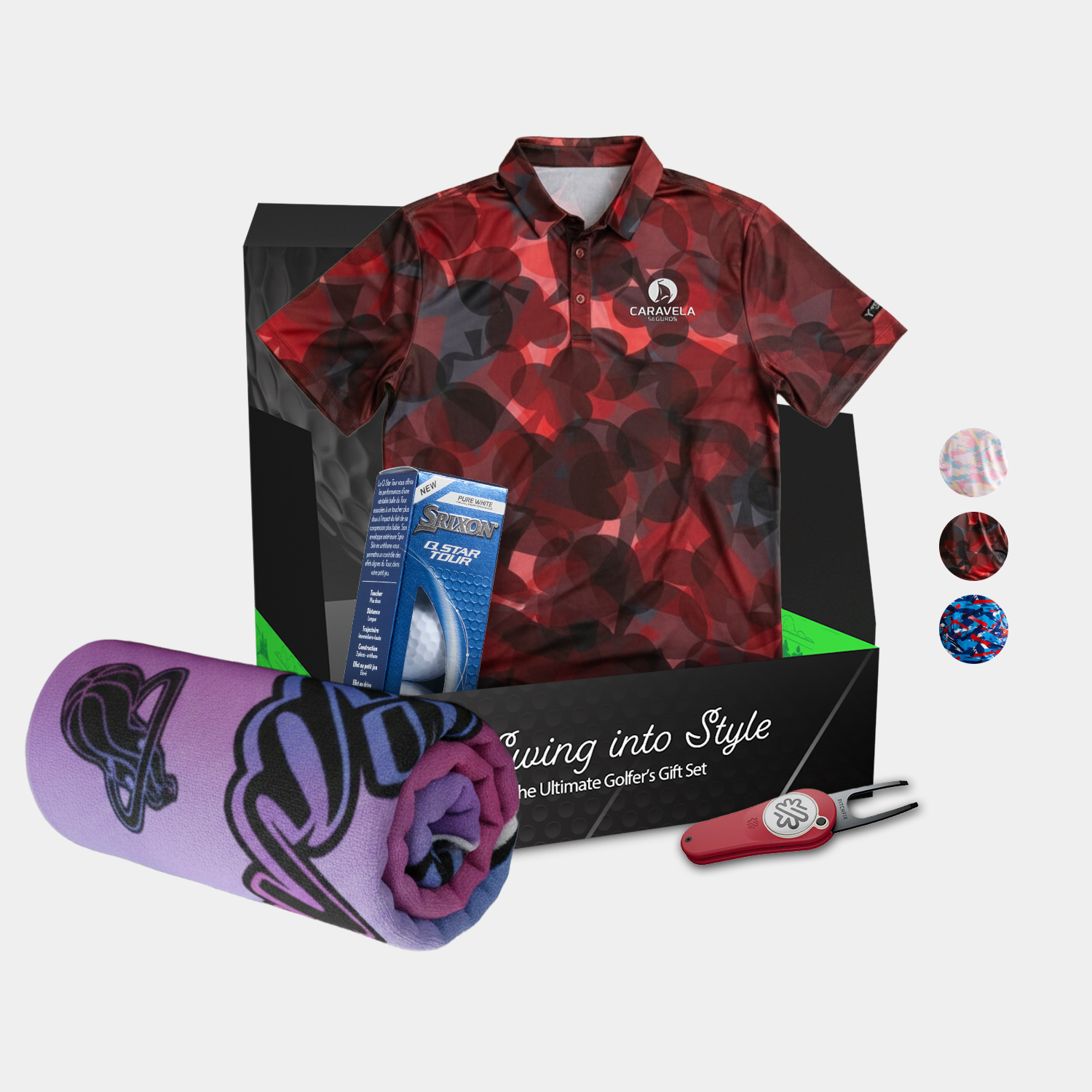 YATTA Golf® Freedom Men's Polo Shirt, Towel, Srixon® Golf Balls & Pitchfix® Icon Divot Tool Gift Set 2
