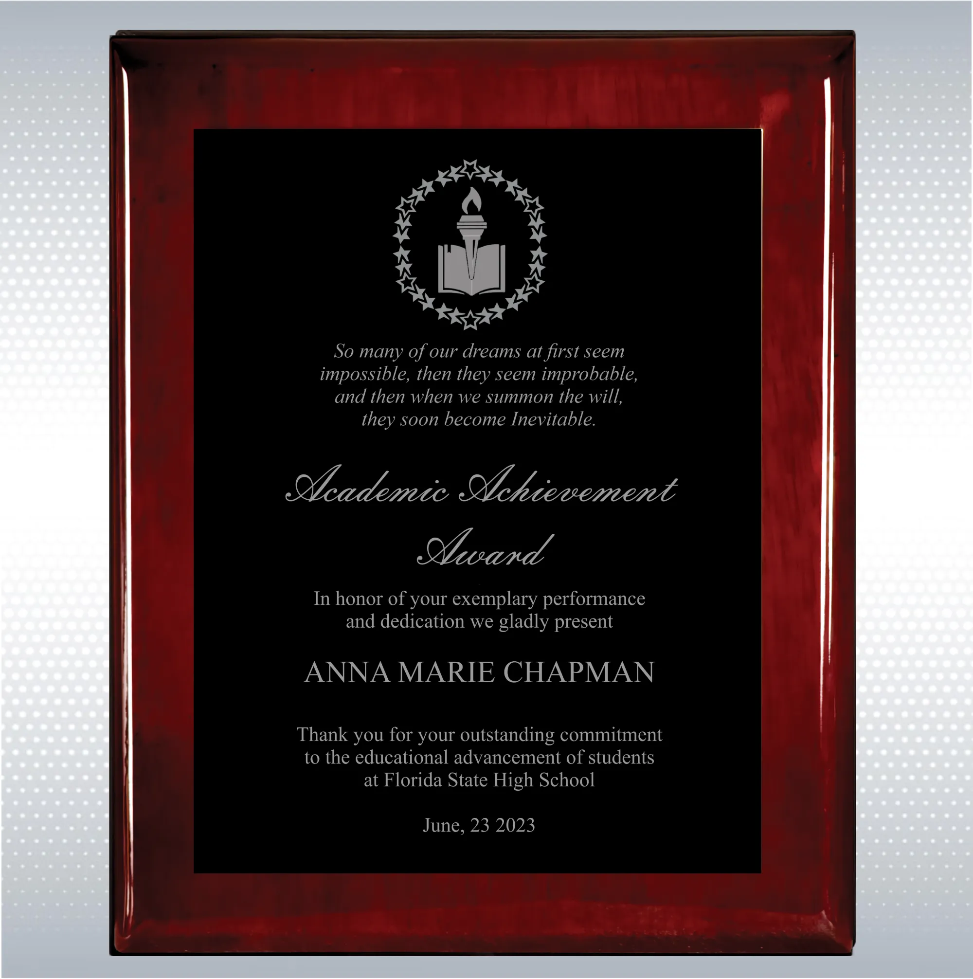 Rosewood Piano Finish Wood Plaque Academic Achievement 18
