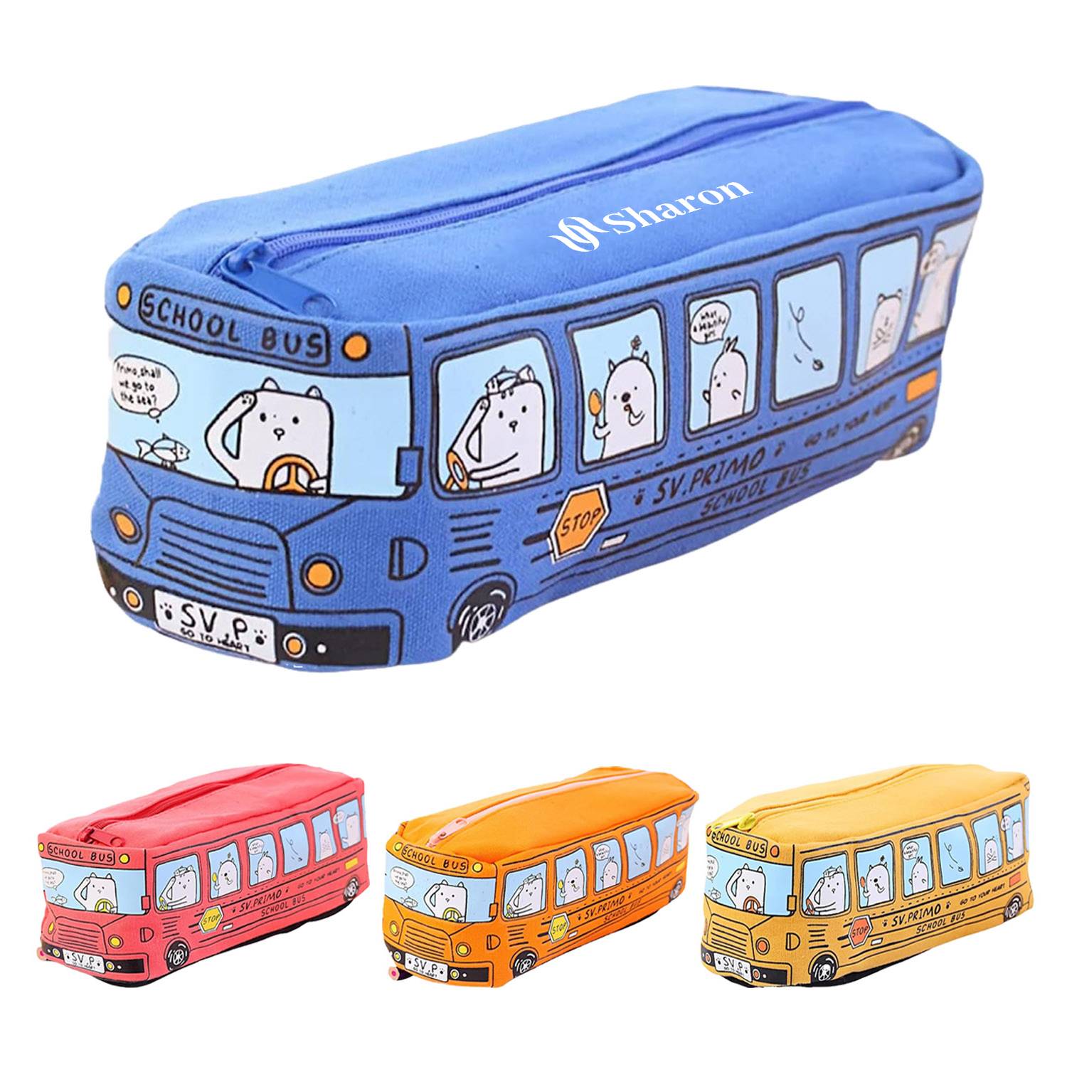 Cartoon City Bus Pencil Pouch Large Canvas Zipper Bag 2