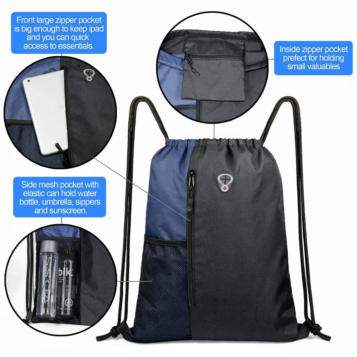 Drawstring Backpack with Zipper and Mesh Pockets 12