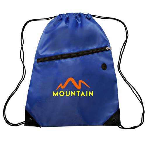 Polyester 210D Drawstring Bag w/ Zippered Pocket - 13.5"W x 9