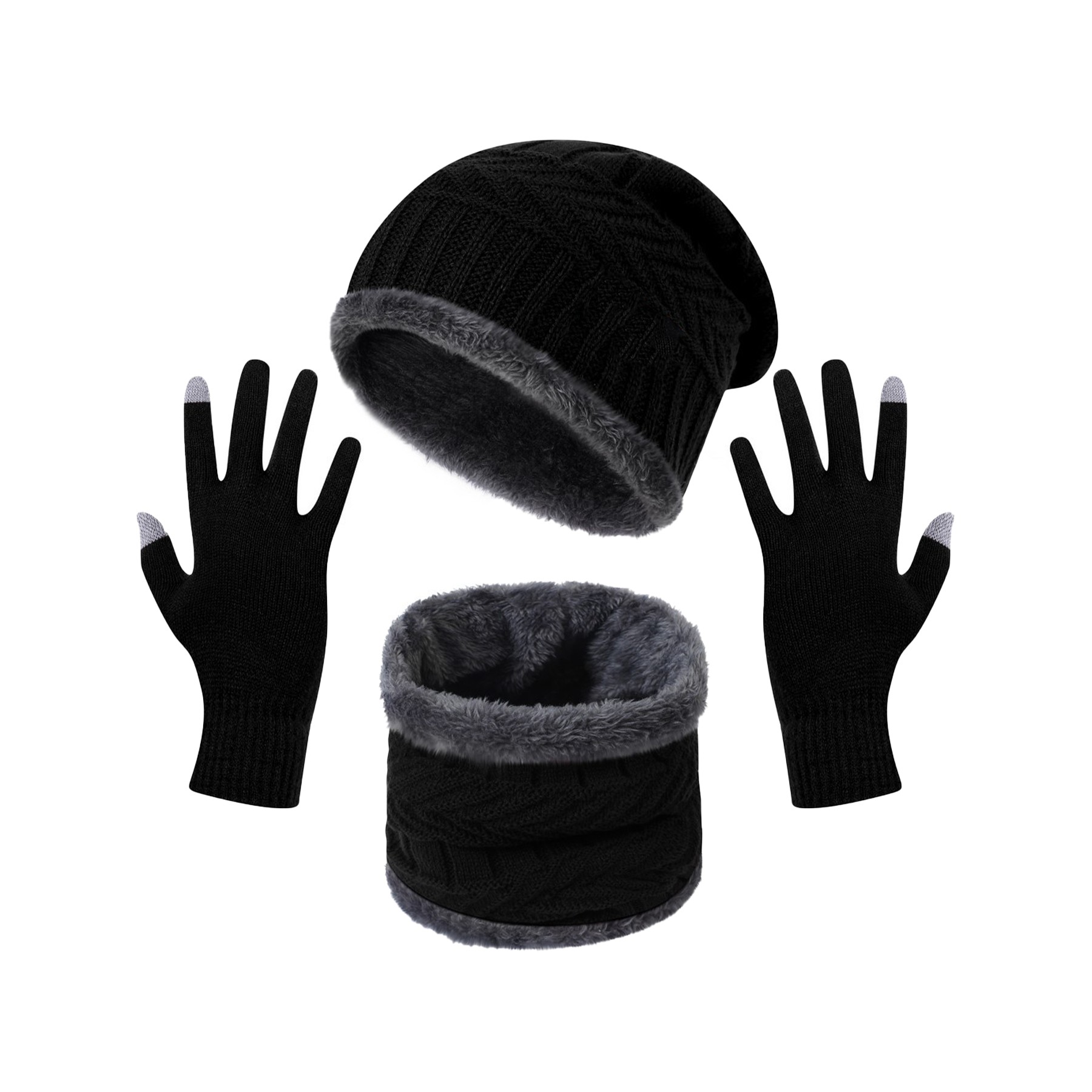 Winter Beanie Hat Scarf Touchscreen Gloves Set 1