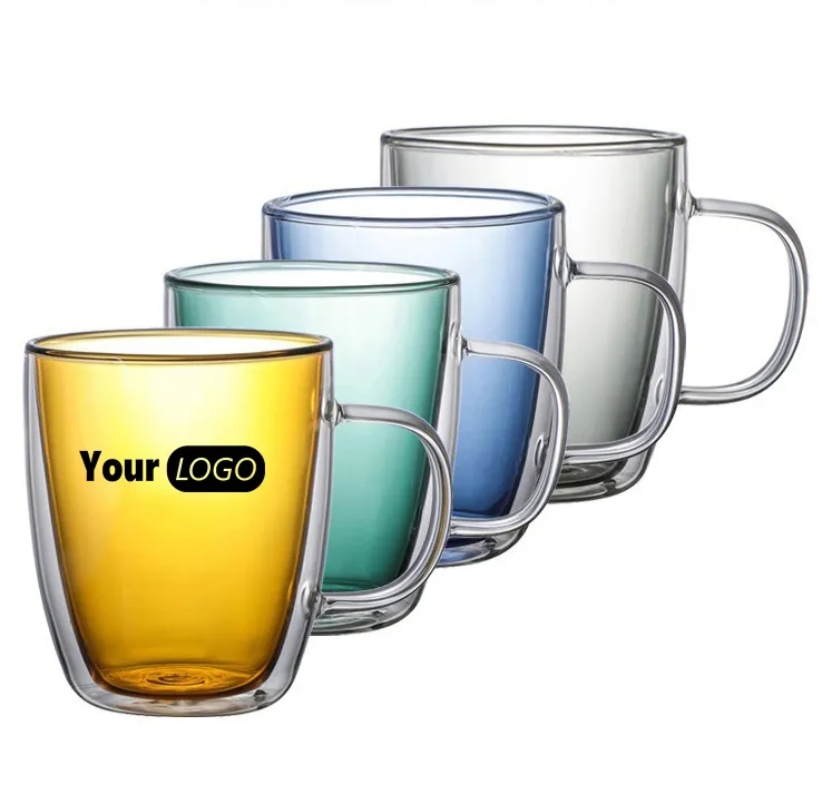 12 Oz Colored Double Walled Glass Coffee Mugs 5