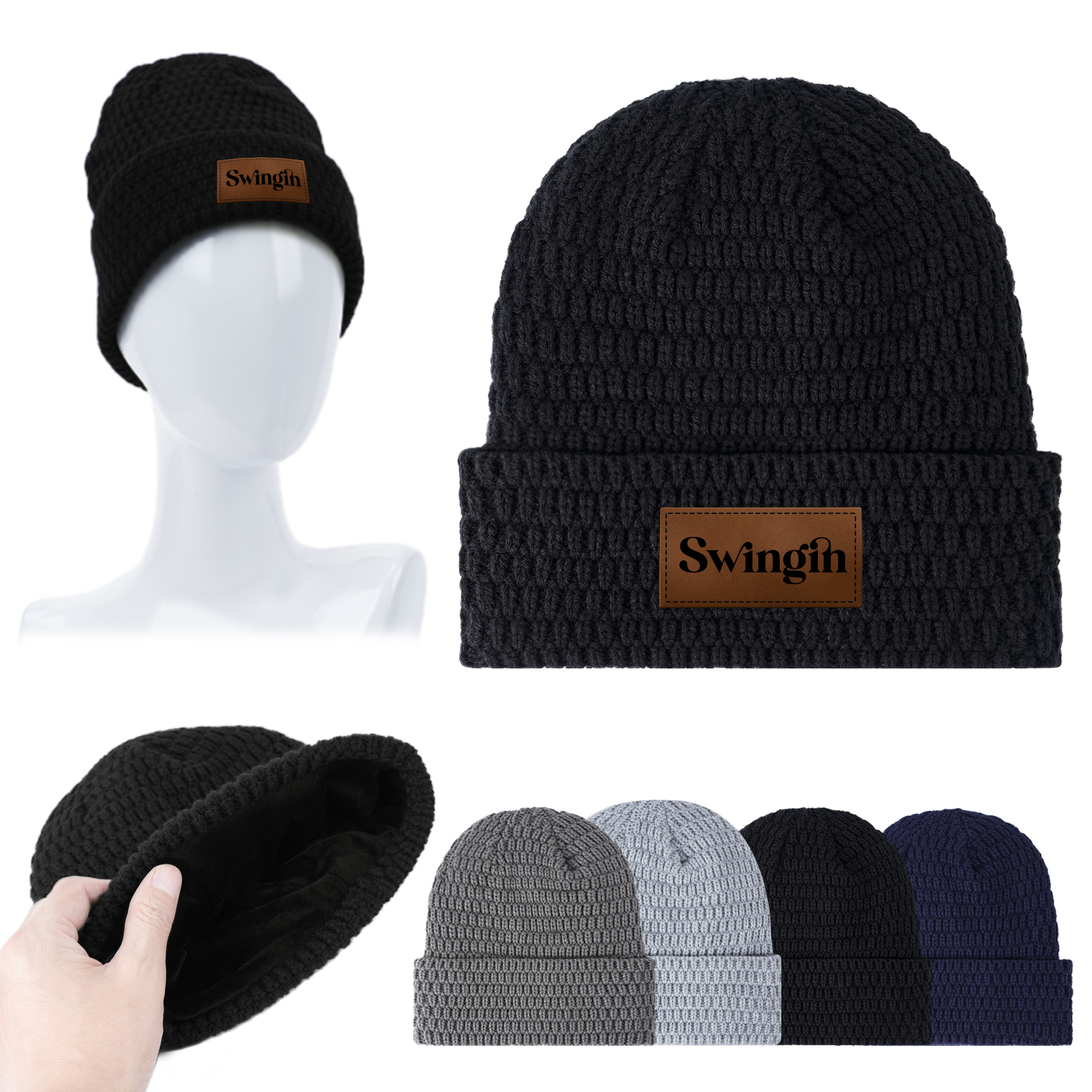 Fleece Lined Knit Beanie With Custom Leather Patch 1