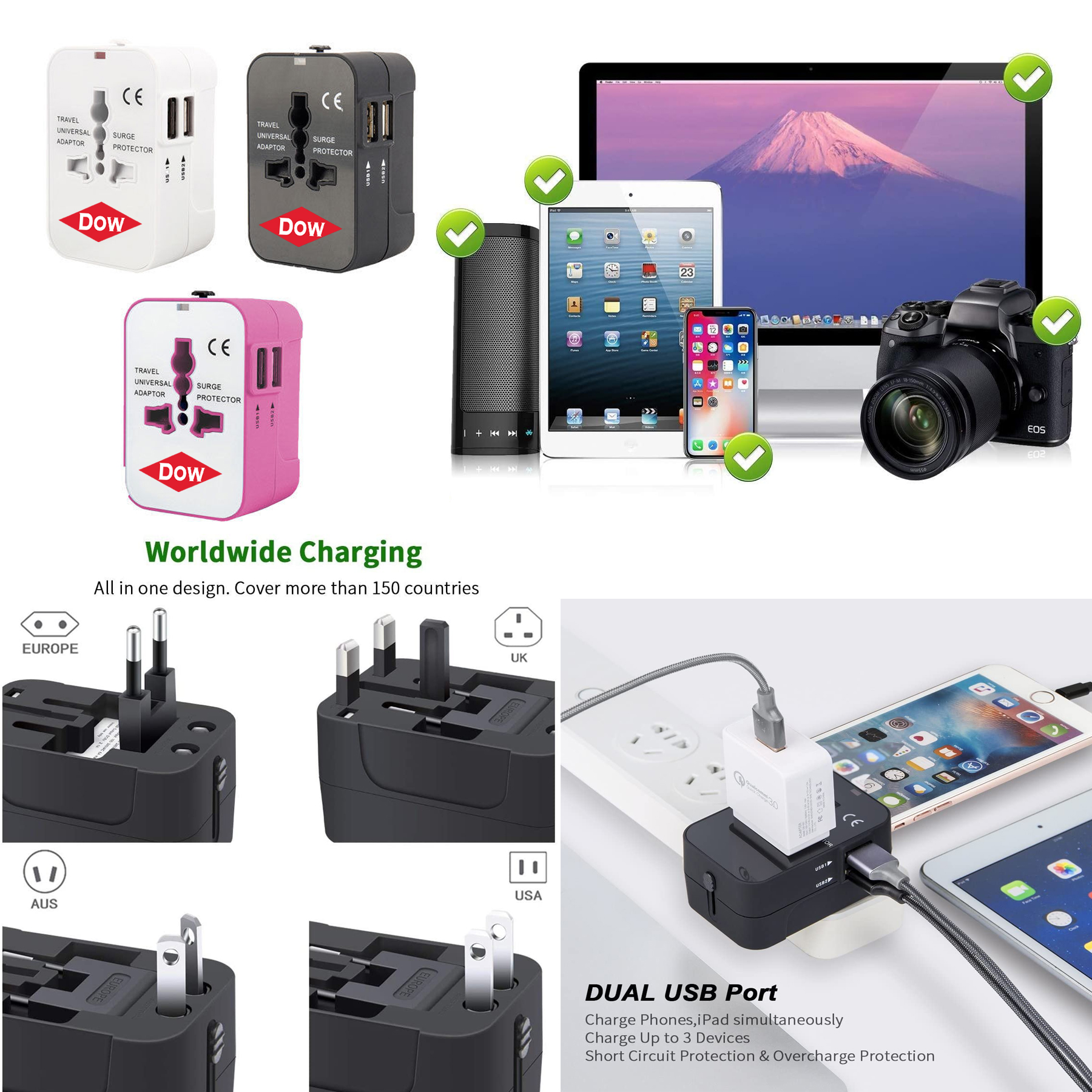 iBank® Universal Travel Adapter USB C, All in One Worldwide Plug Adapter 3