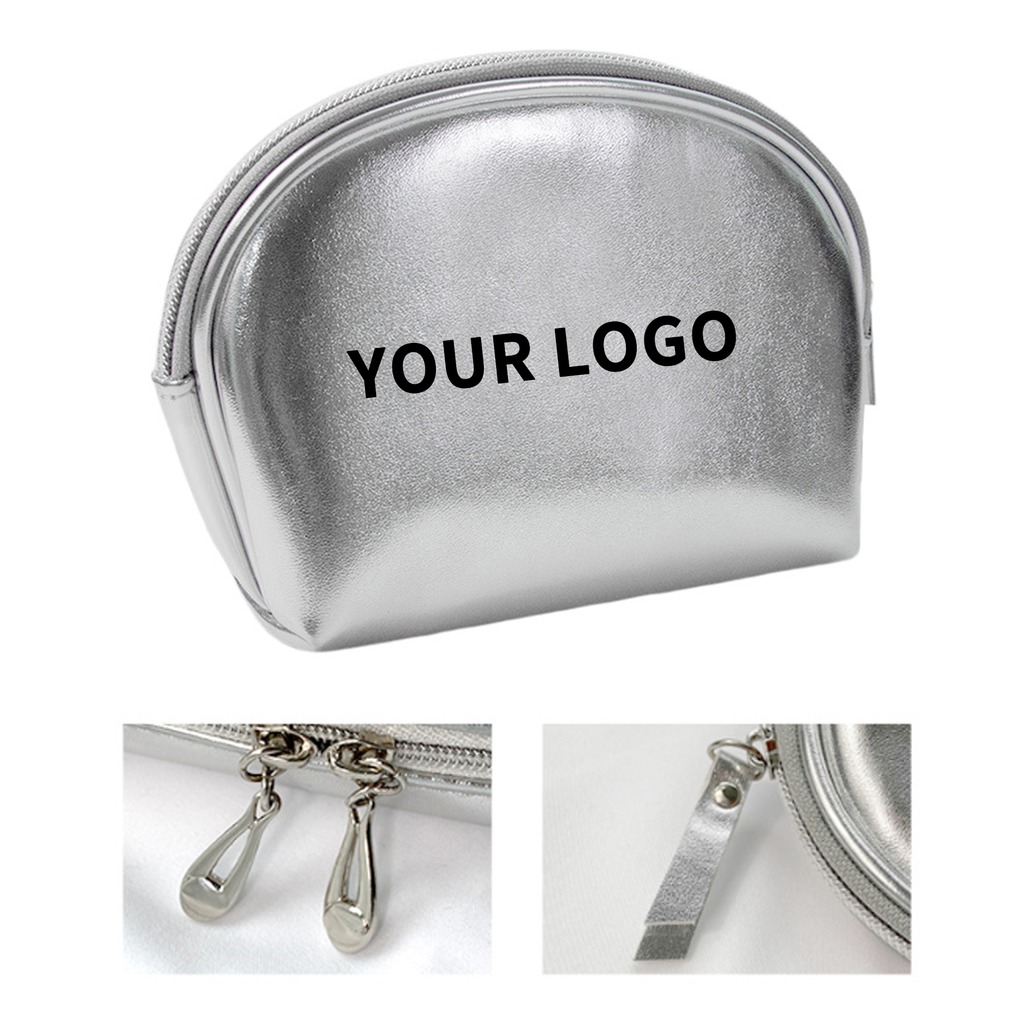 Half Moon Silver Polyurethane Zipper Cosmetic Bag 1
