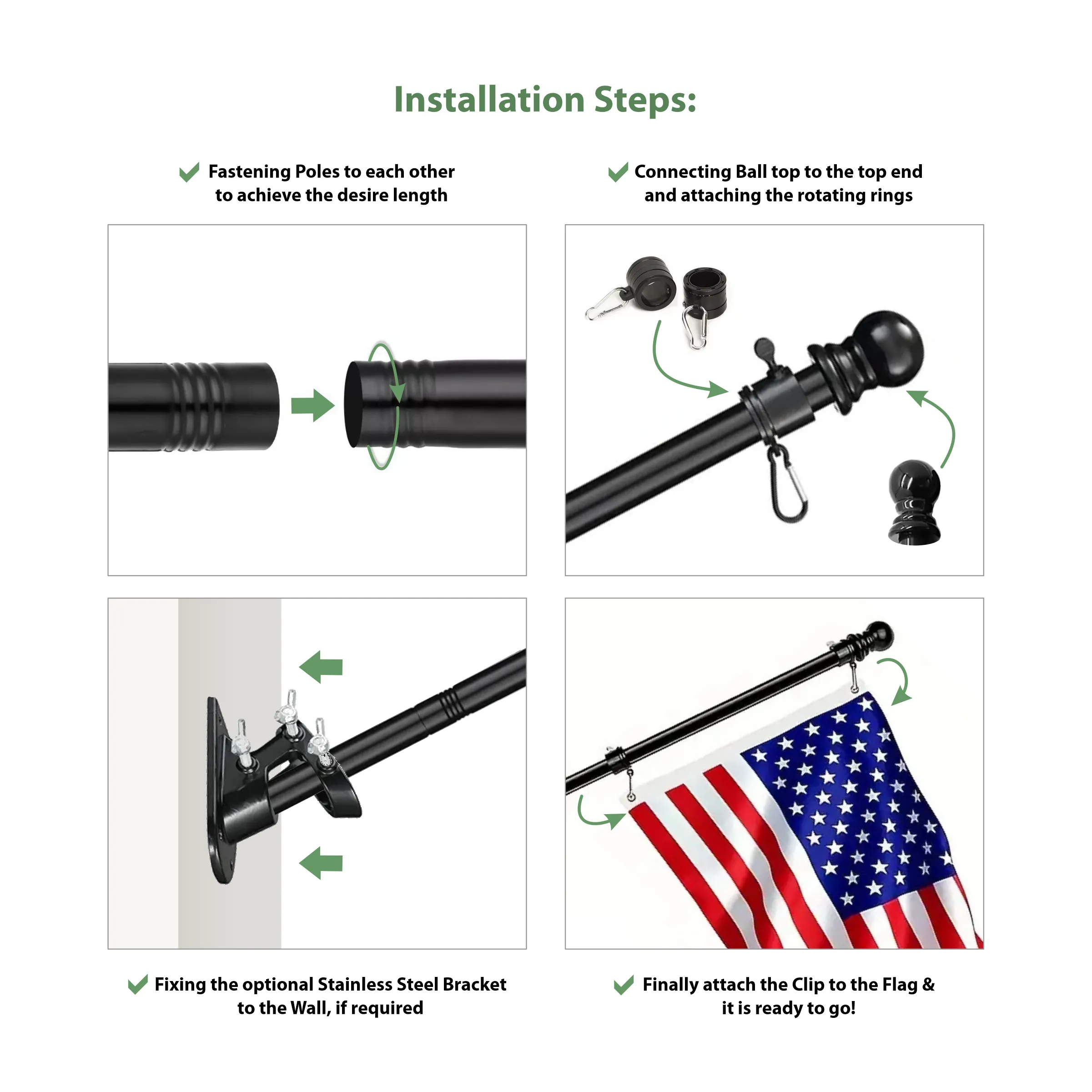 2' - 8' Flagpole with Rotating Clips Kit - Black/White 1