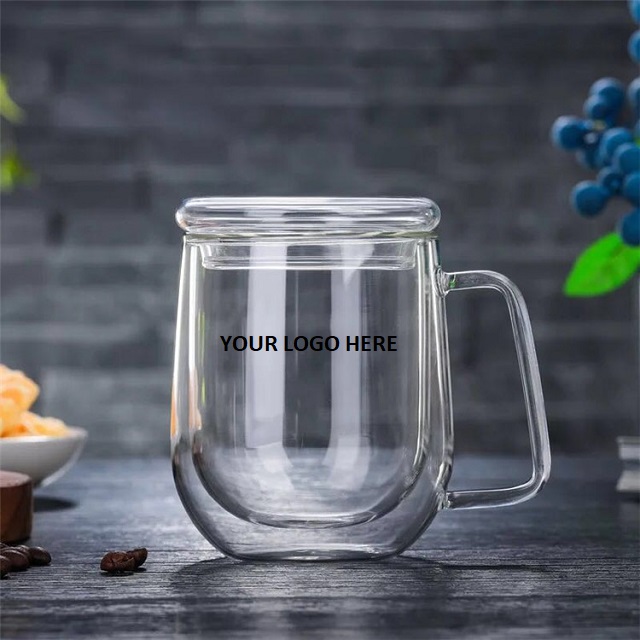 Double Wall Glass Coffee Mug w/ Glass Lid & Spoon 10 oz 3