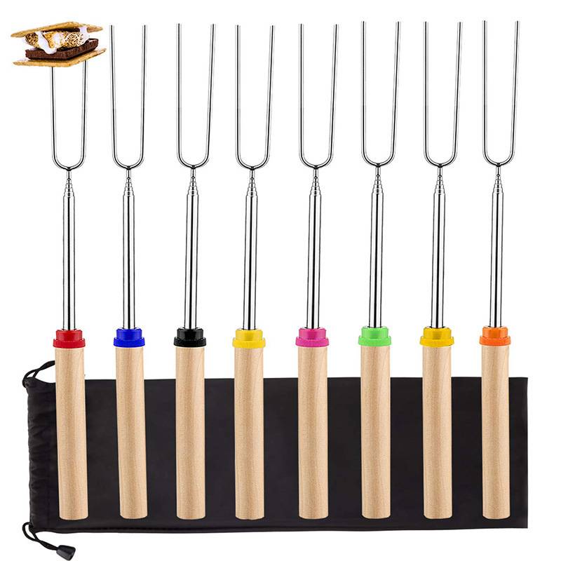 304 Stainless Steel Roasting Sticks Wooden Handle Set Of 8 5