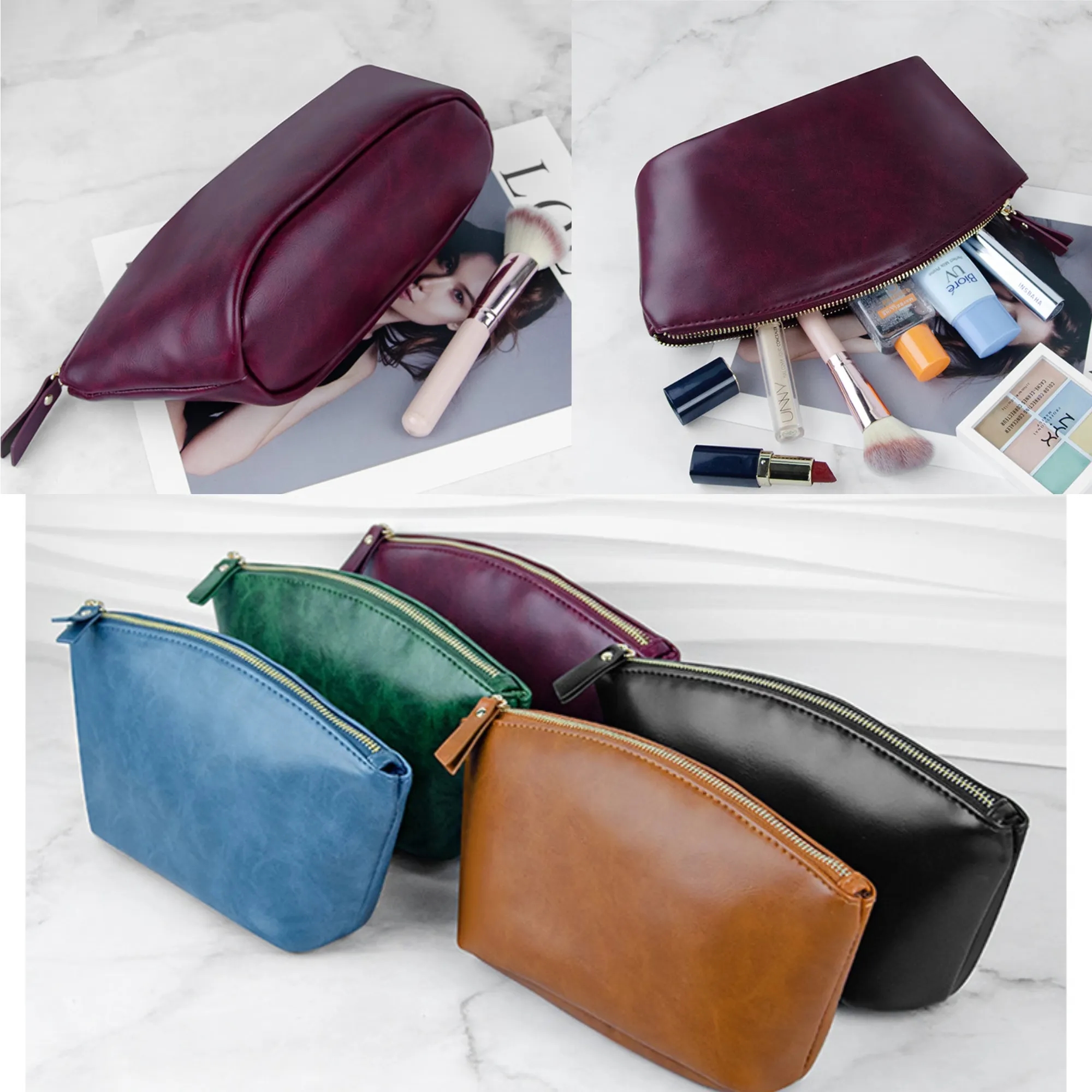 Leather Zipper Cosmetic Pouch Small Makeup Bag For Travel 4