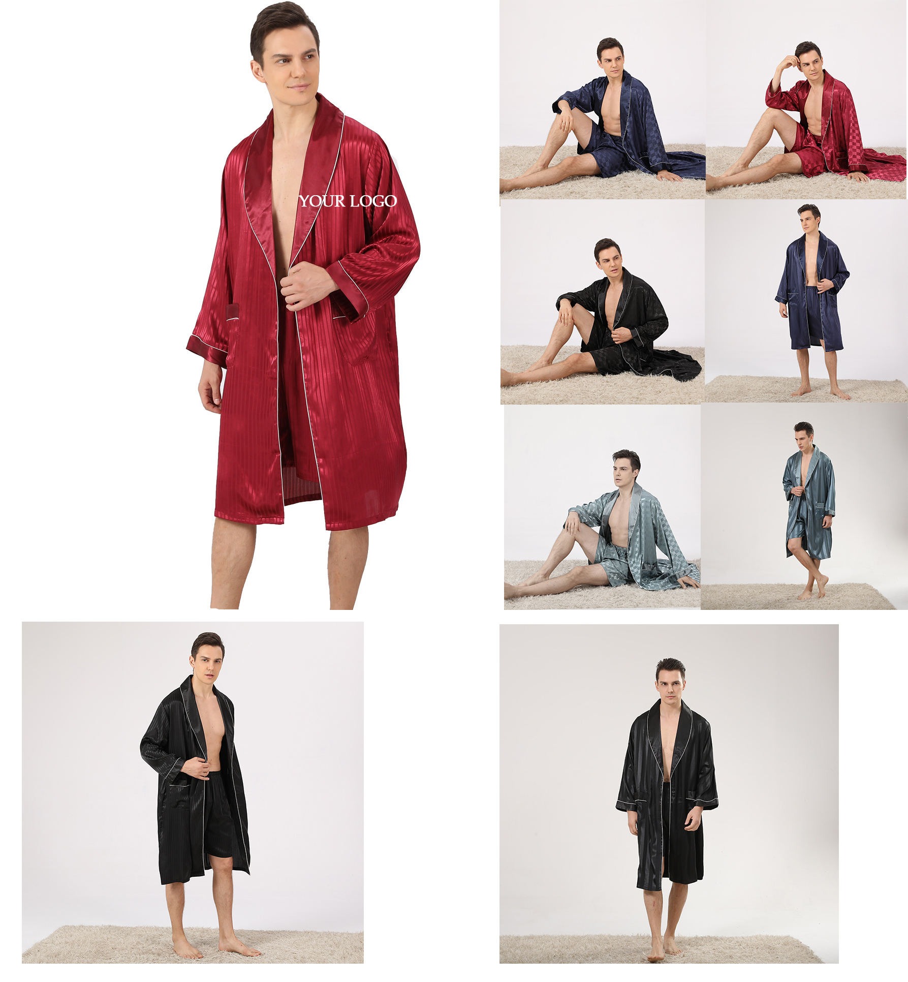 Men's Satin Robe Silky Kimono Bathrobe with Shorts Set 2