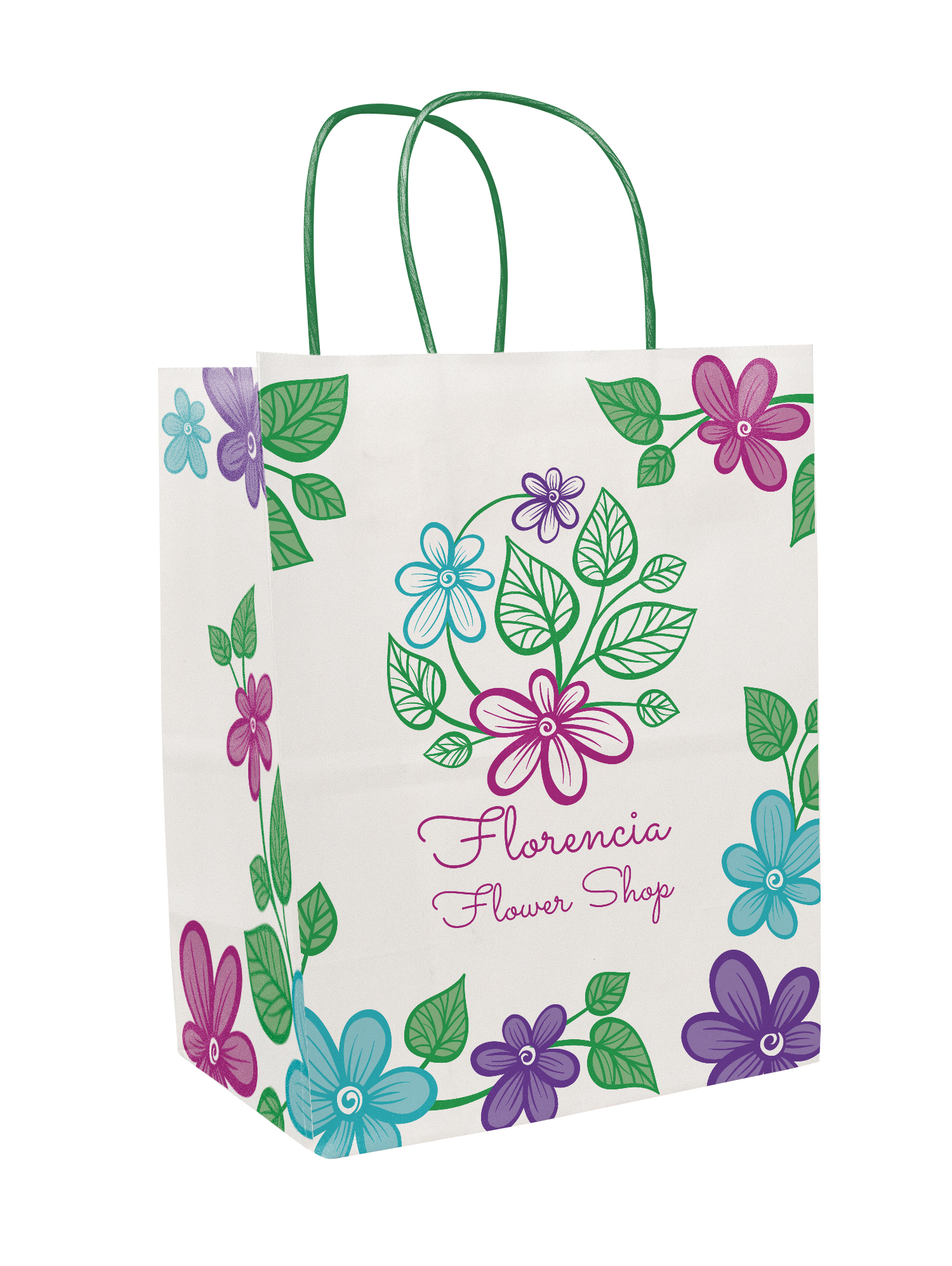 Multi-Sided Full Color White Shopper Paper Bag - Green Handle (8.25 x 10.25 x 5)