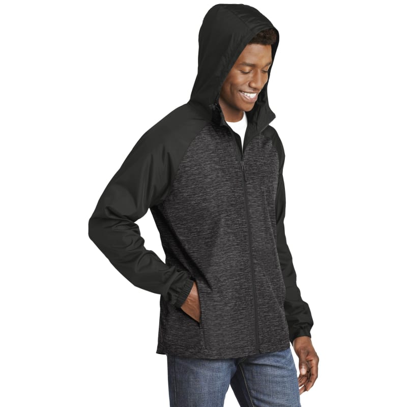 Sport-Tek Heather Colorblock Raglan Hooded Wind Jacket. 18