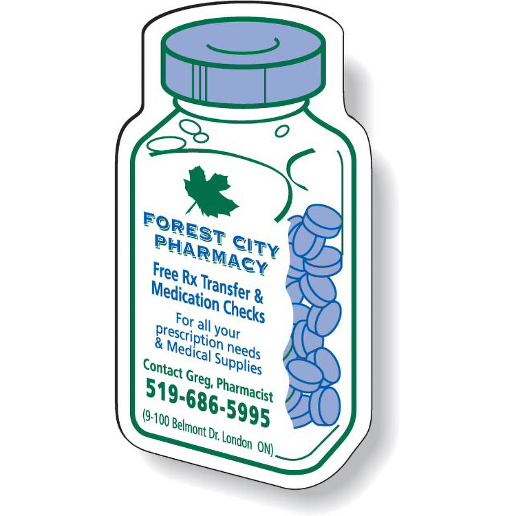 Stock Medicine Bottle Magnet .020, Screen-printed White Matte Vinyl Topcoat