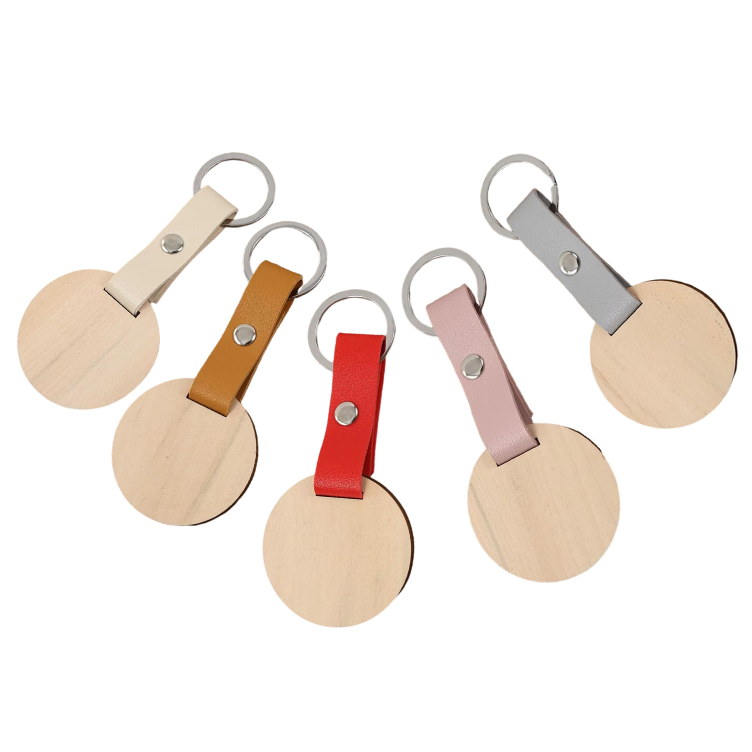 Round Shape Wooden PU Leather Keychain 6
