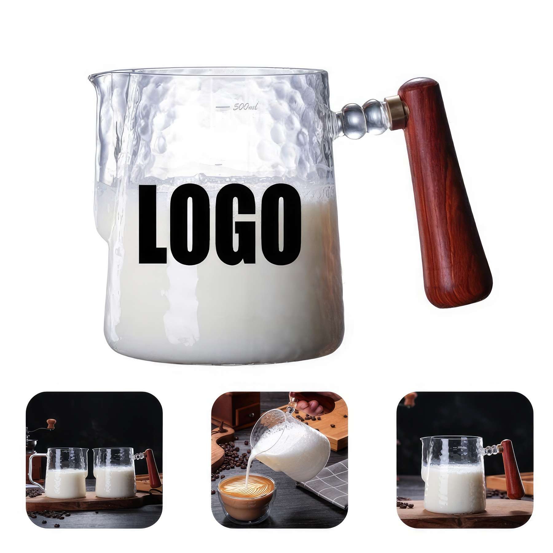 16 OZ. Glass Milk Frothing Pitcher Cup with Wooden Handle 2