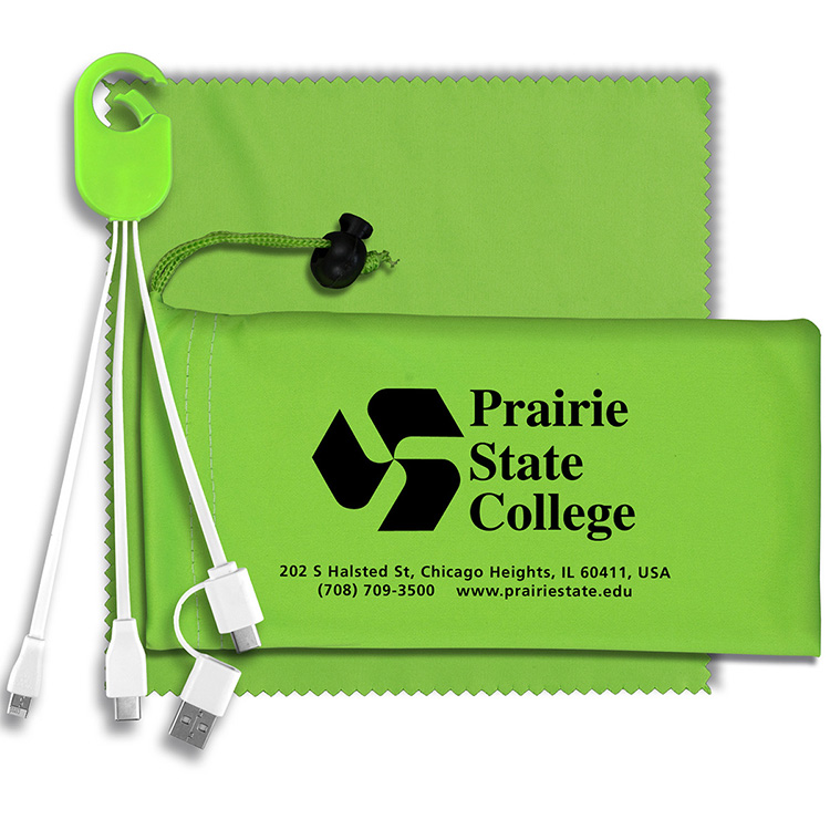 "RECHARGE PACK" Mobile Tech Charging Cable Kit in Microfiber Cinch Pack Components 5