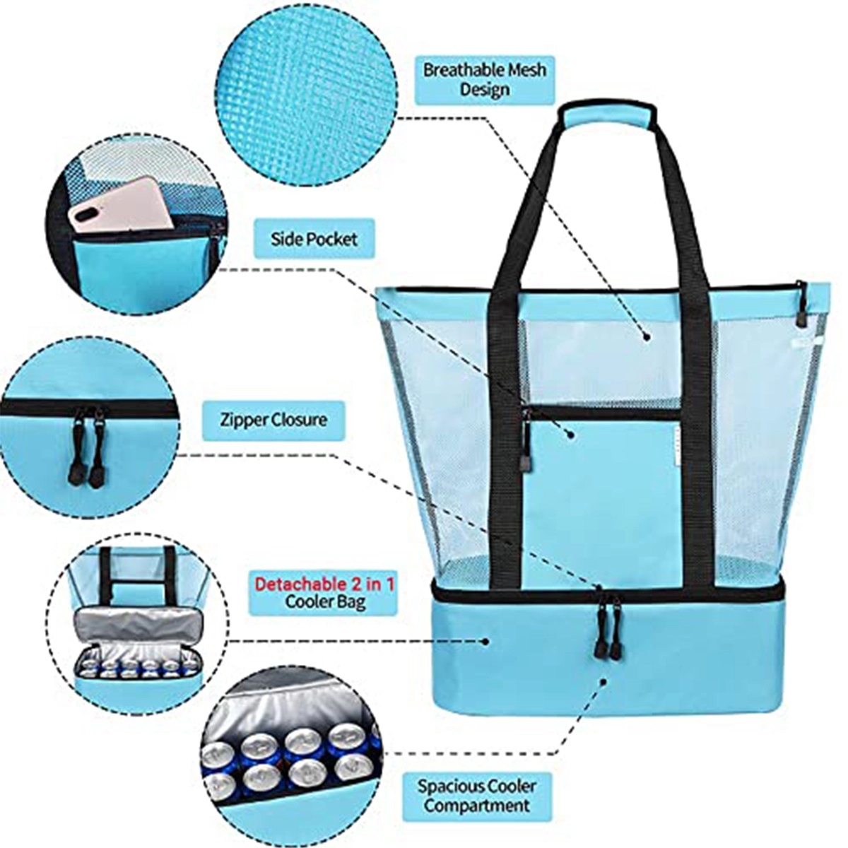 3-in-1 Mesh Beach Tote Bag with Insulated Picnic Cooler 3