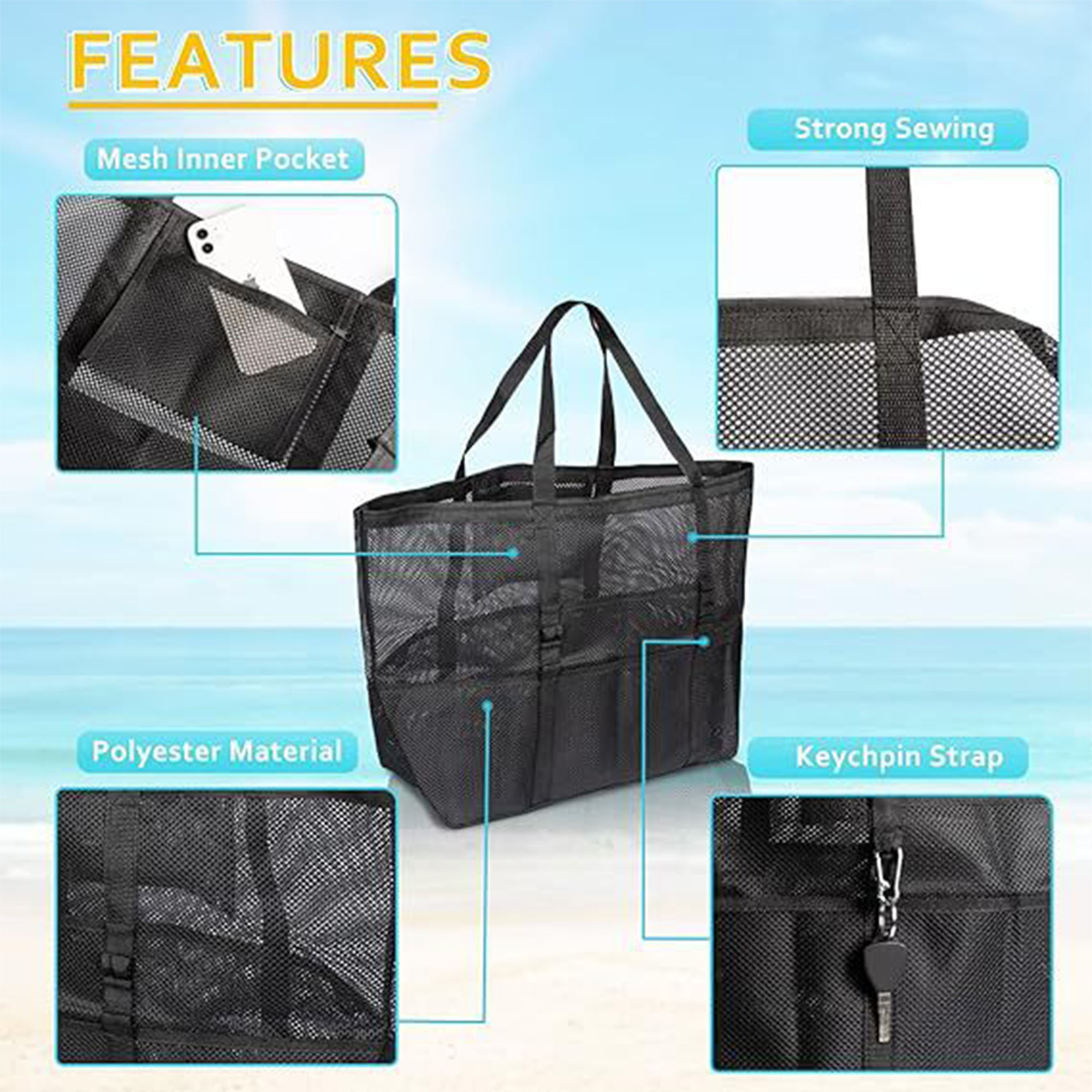Large Mesh Beach Tote with Pockets 4
