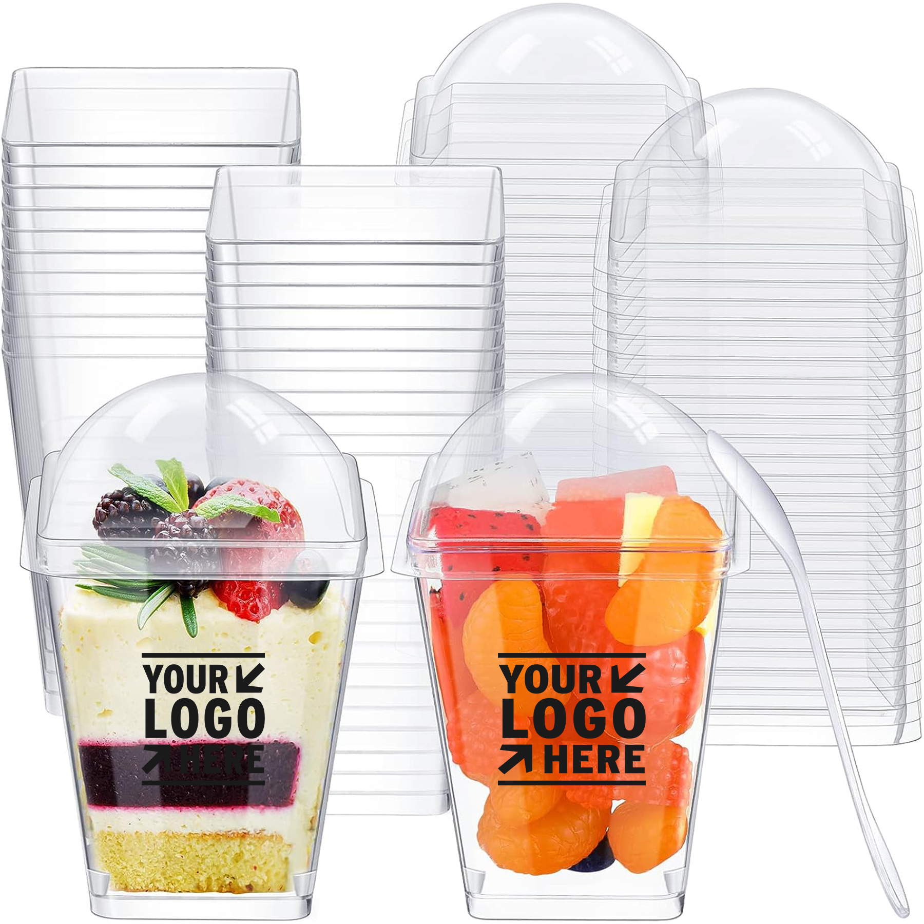 5 OZ Clear Plastic Mini Disposable Square Dessert Cup With Lid Tasting Spoon 2
