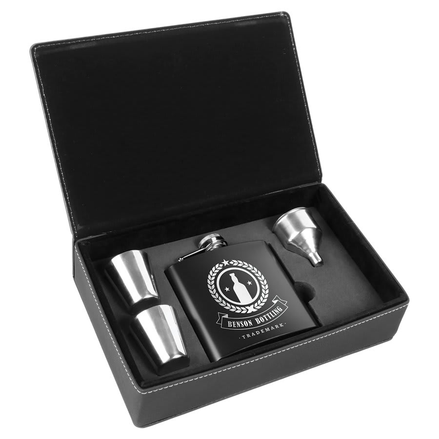 6 oz. Black Stainless Steel Flask Set in Black/Silver Leatherette Box 1