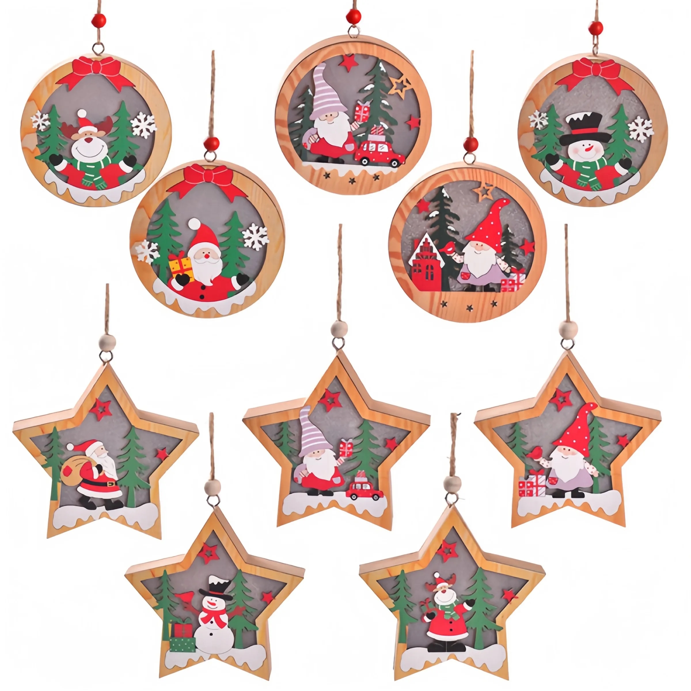 Christmas Ornaments LED Wood Star Round Luminous 3