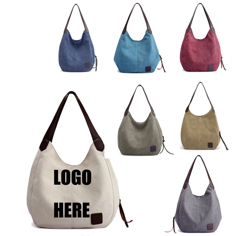 Custom Women's Canvas Tote Handbags Multi-pocket, custom tote bag with logo imprint 6
