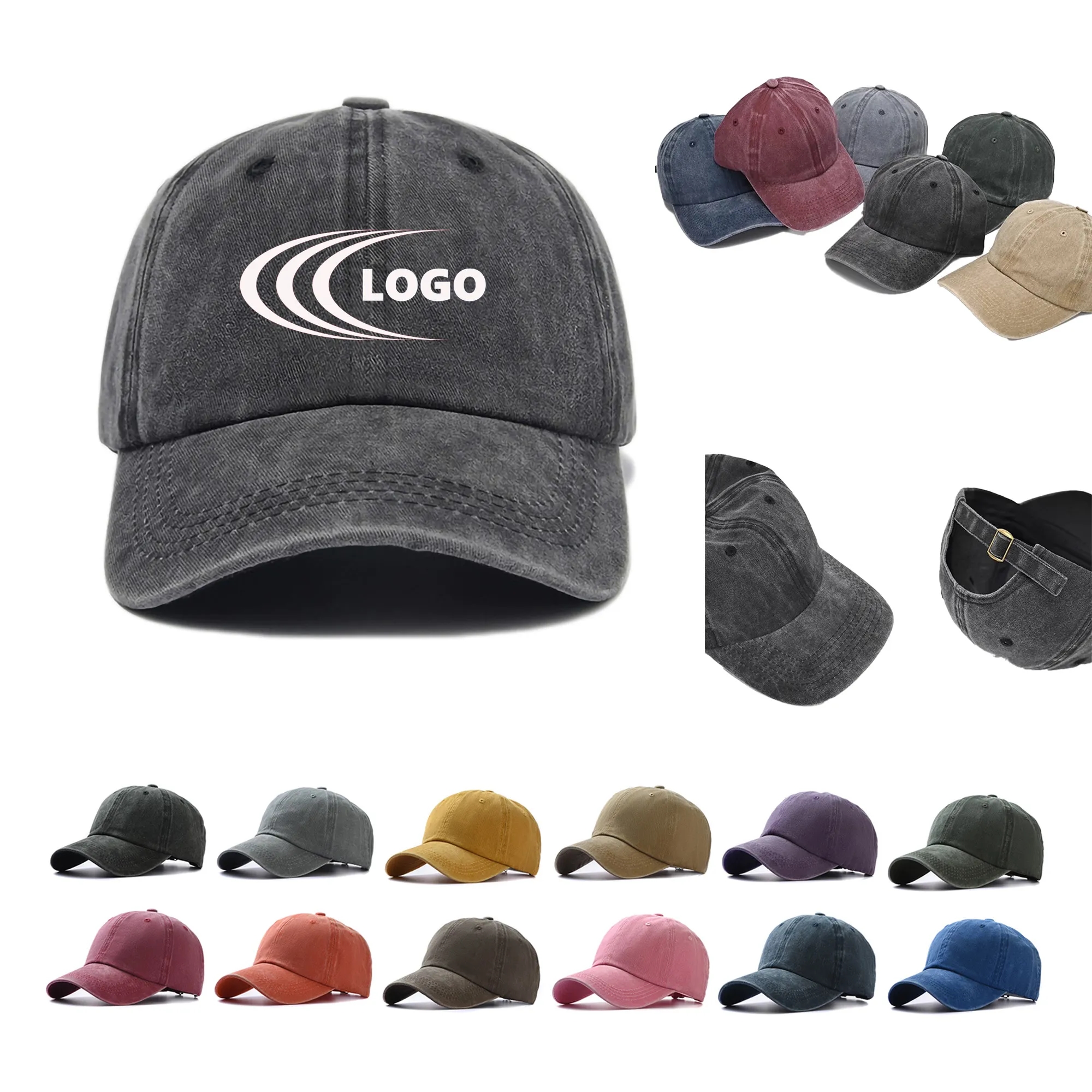 MOQ10 Vintage Cotton Washed Adjustable Baseball Caps 14