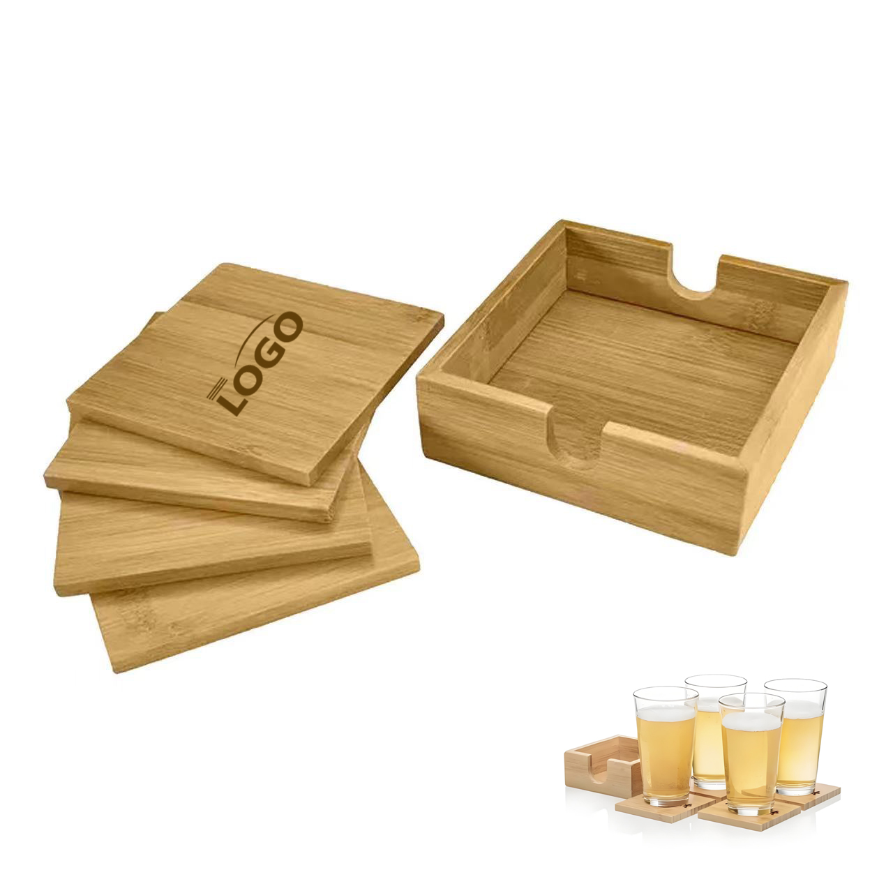 Bamboo Coaster Set with Holder Set of 4 2