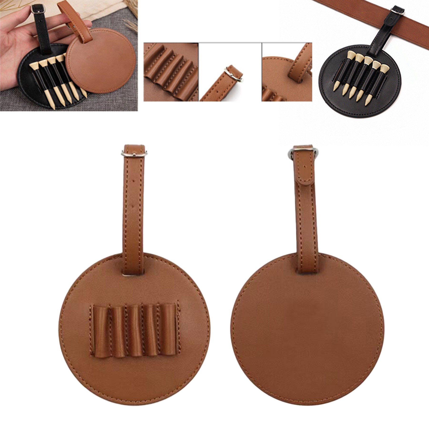 Premium Leatherette Golf Tee Holder Pouch with 5 Wooden Tees