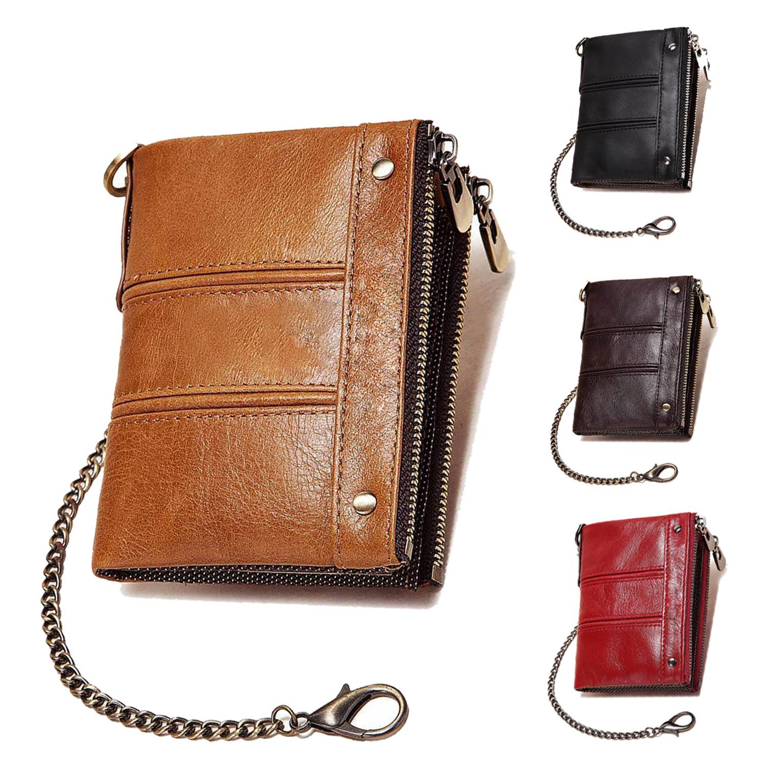 Genuine Leather Short Men's Double Zipper Wallet Purse 3