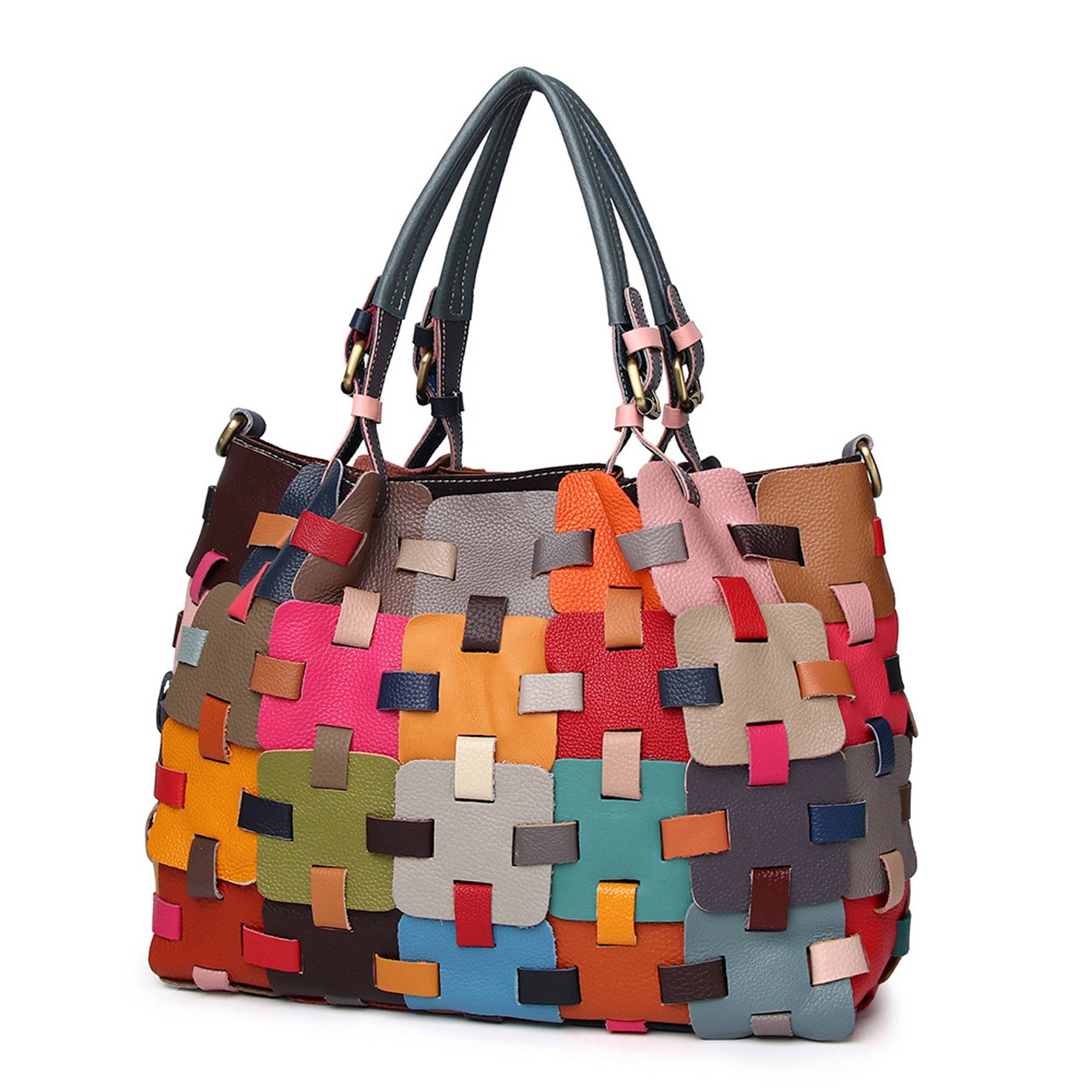 Genuine Leather Colourful square-paneled tote bag, custom tote bag with logo imprint 4
