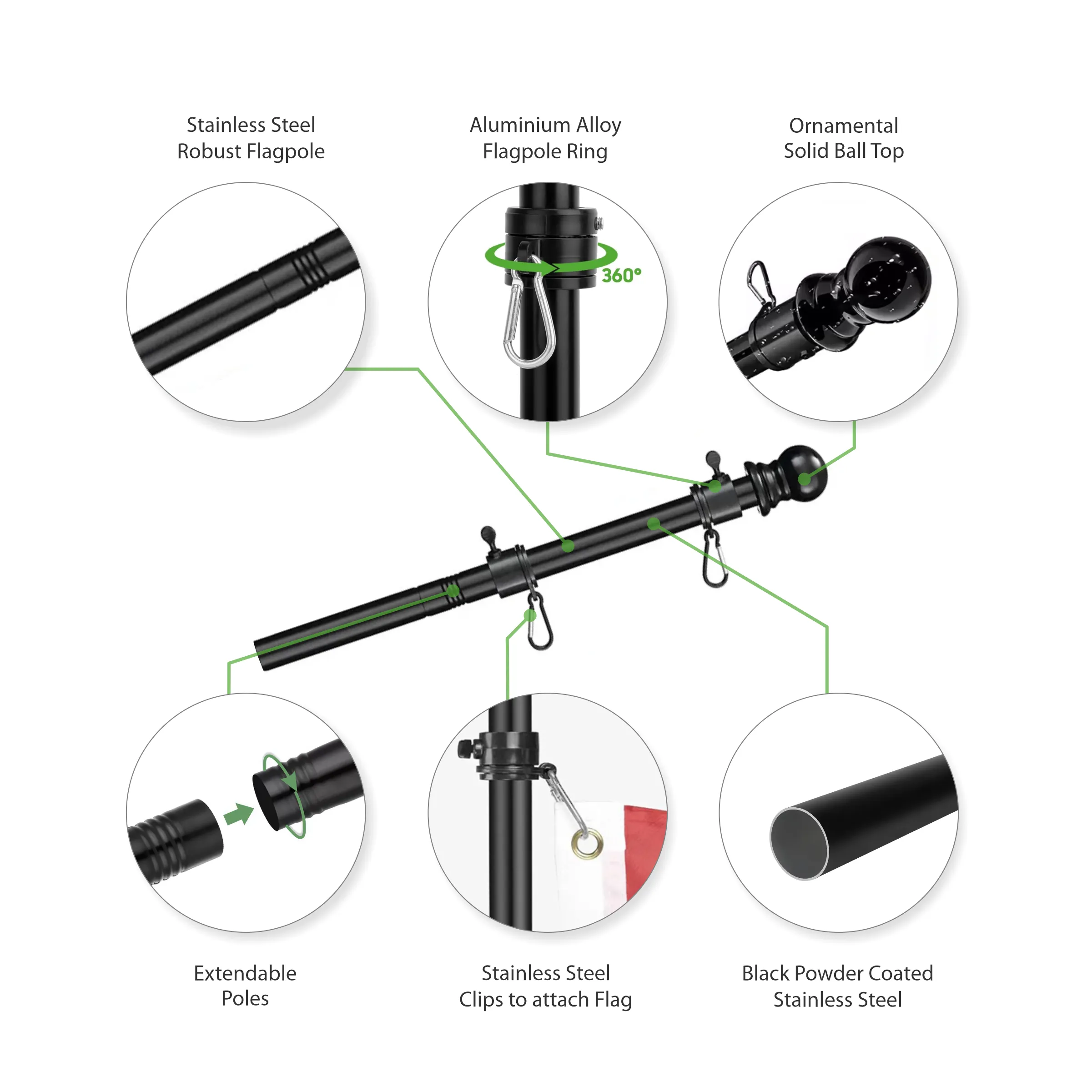 2' - 8' Flagpole with Rotating Clips Kit - Black/White 4