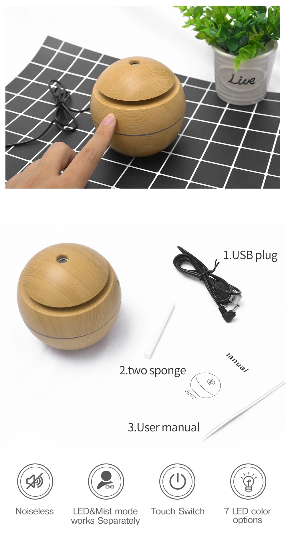130Ml Usb Electric Air Humidifier Wood Grain 7 Color Lights 4