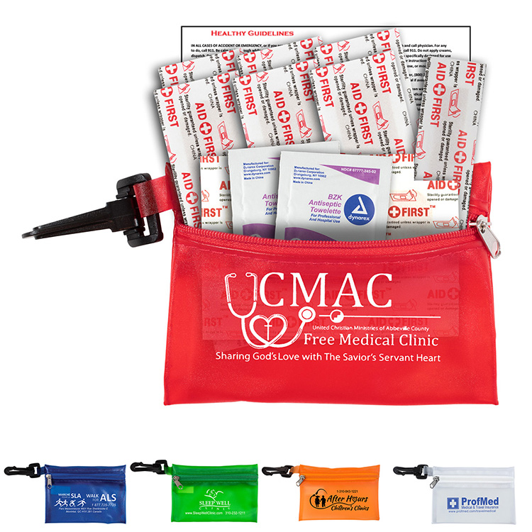 "TROUTDALE" 13 Piece First Aid Kit inTranslucent Zipper Kit with Plastic Carabiner Attachment 14