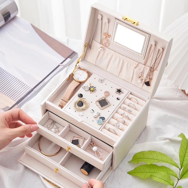 Custom 3-Layer PU Jewelry Organizer Box with Mirror / Hook 13