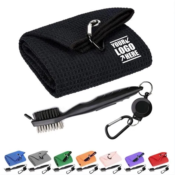 Tri-fold Golf Towel And Club Brush Tool Kit