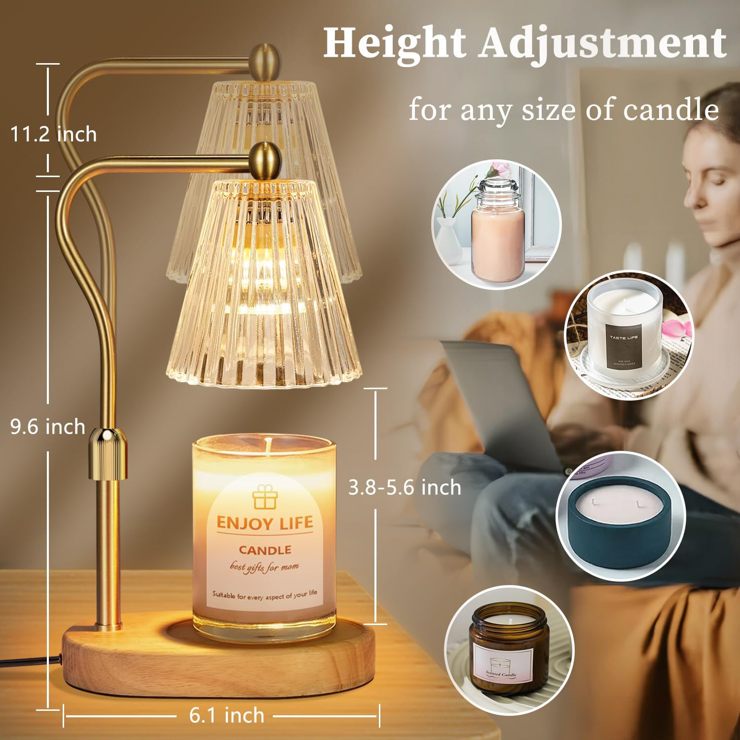 Adjustable Timer Dimmer Oak Wood Candle Warmer Lamp 6