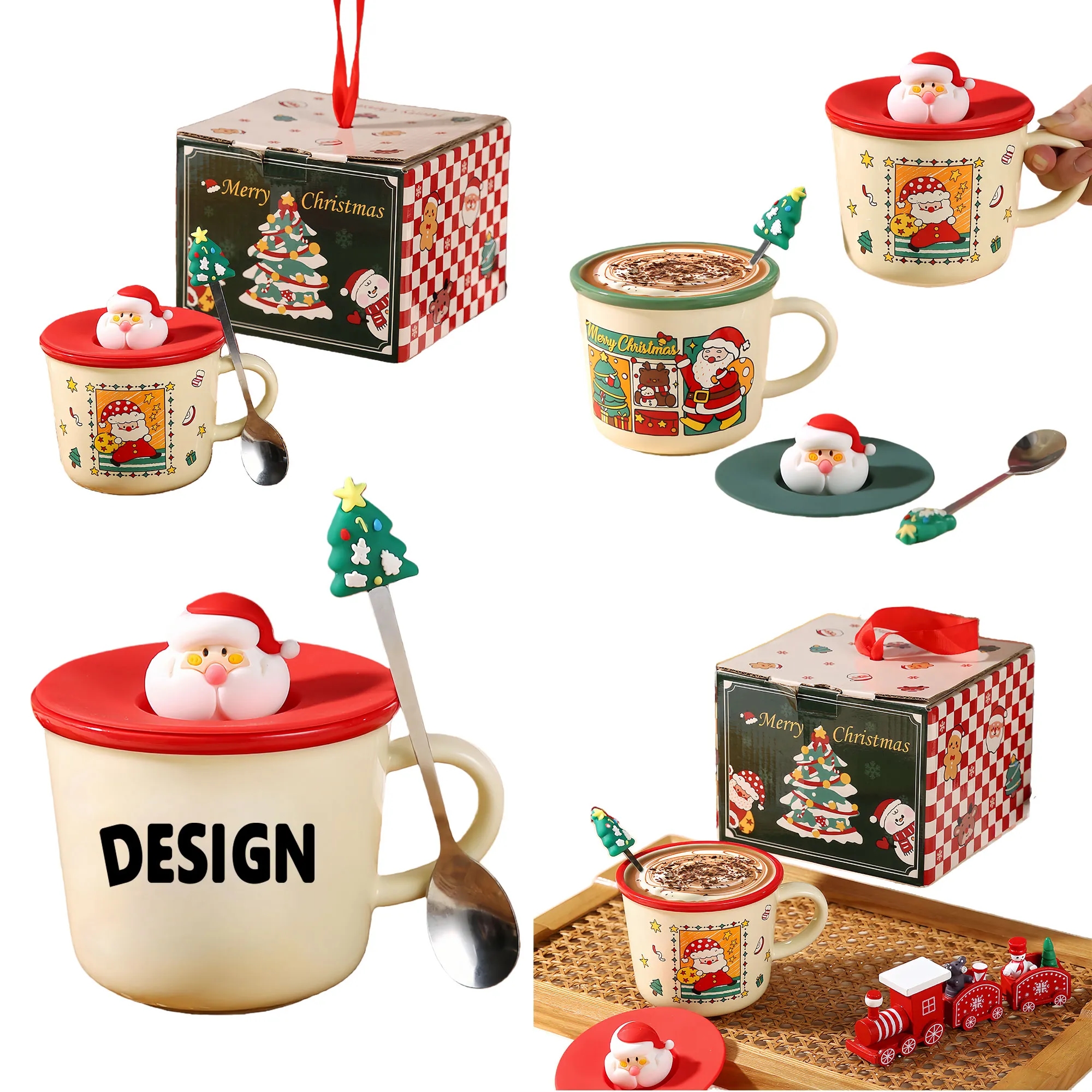 Christmas Ceramic Mug With Spoon And Lid