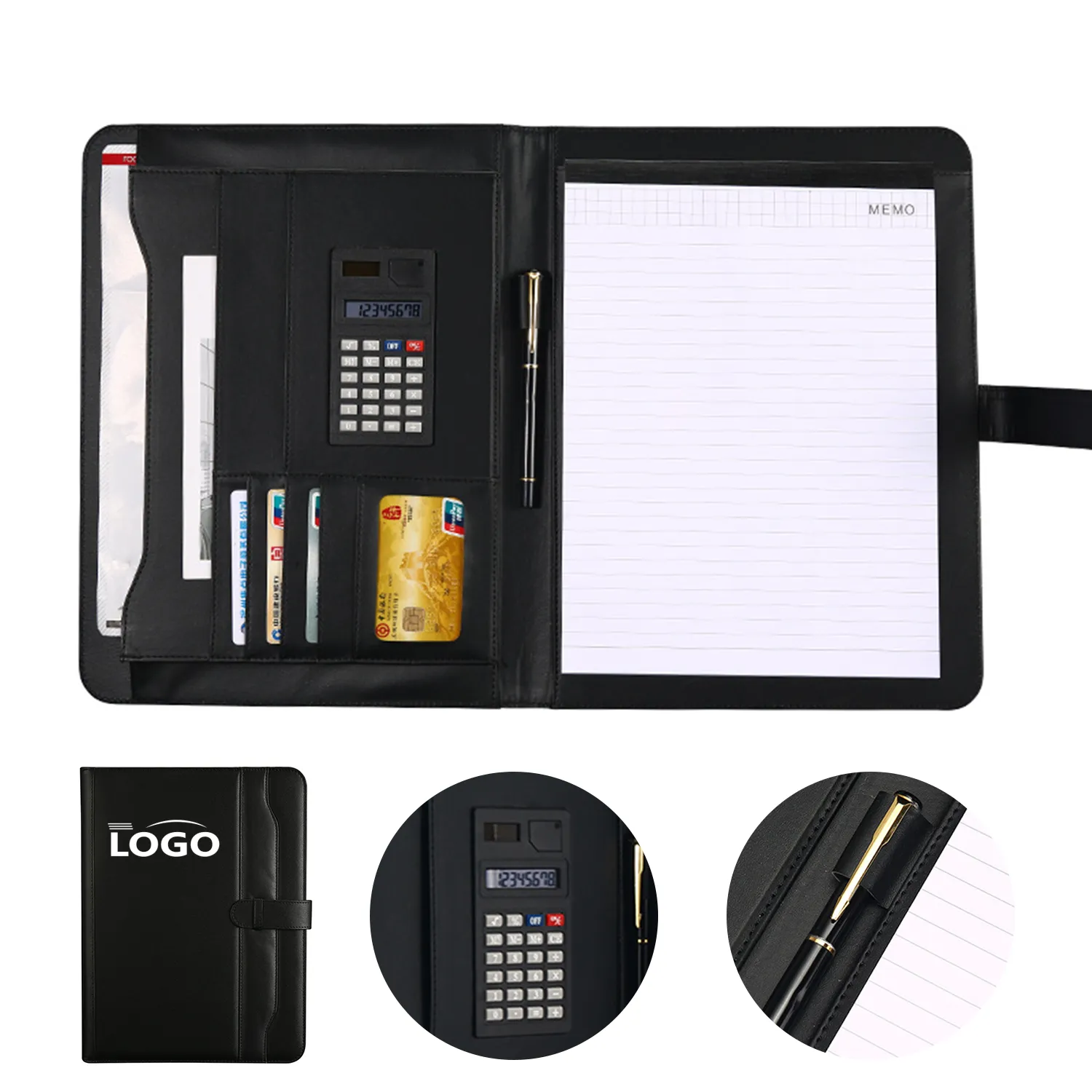 PU Leather Business Portfolio with Calculator and Notebook