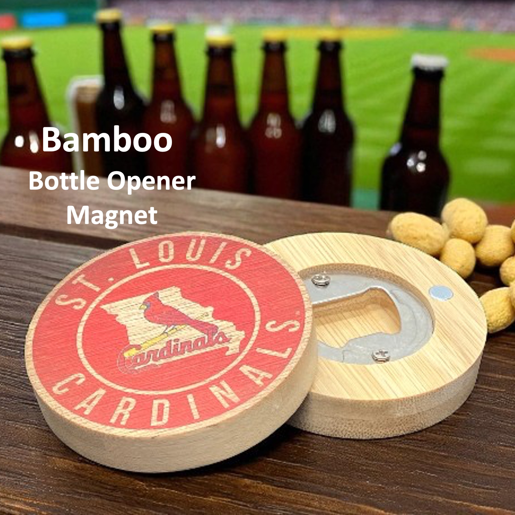 2.5" Round BAMBOO Bottle Opener Magnet 23