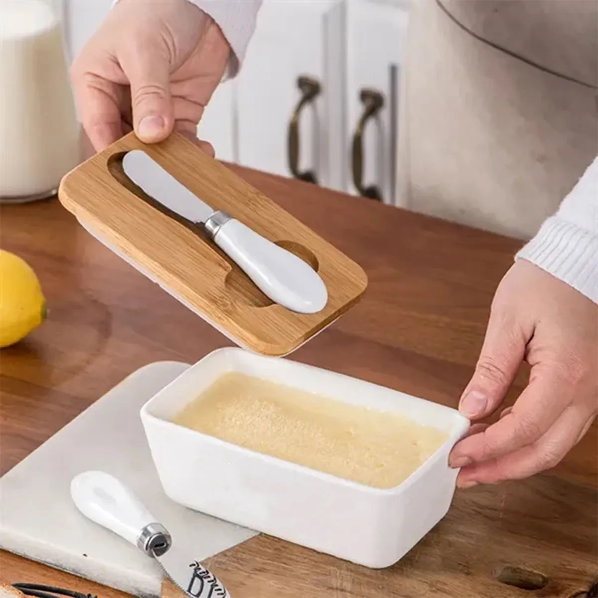Kitchen Ceramic Butter Dish with Bamboo Lid & Knife 3