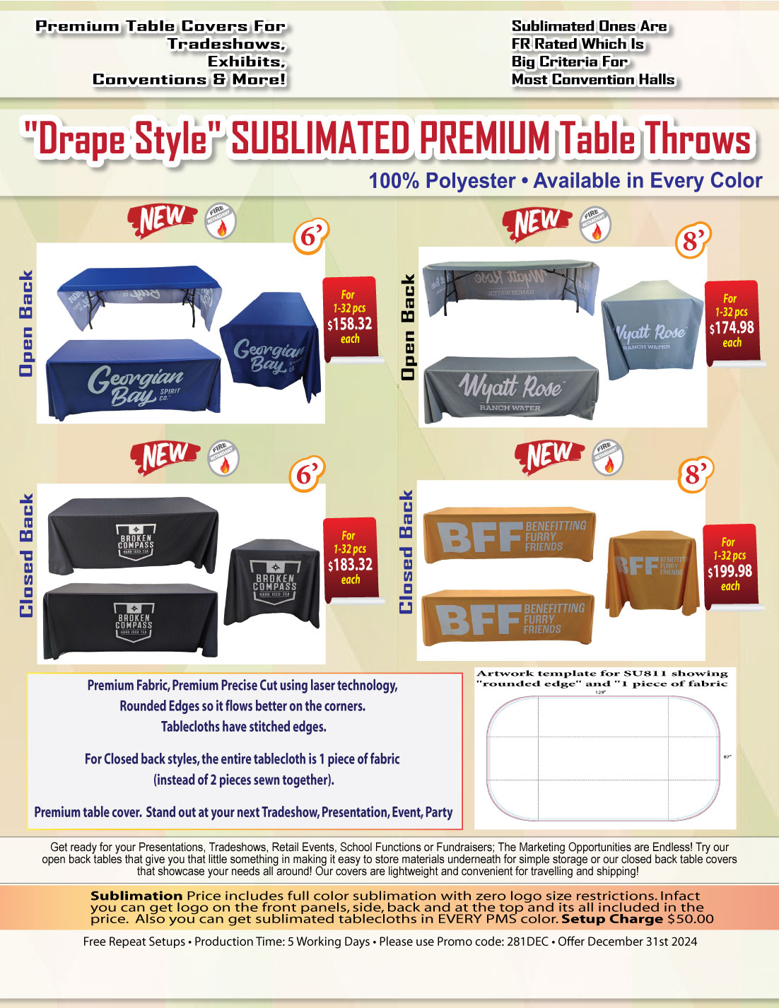 Sublimated PREMIUM Table Cloth for 8' table, Drape style, 4 sided, Closed Back, Rounded Corners 5