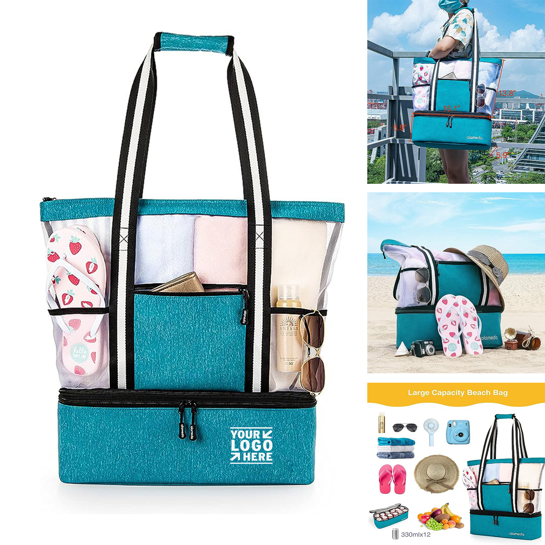 Travel Mesh Tote Beach Insulated Cooler Bag
