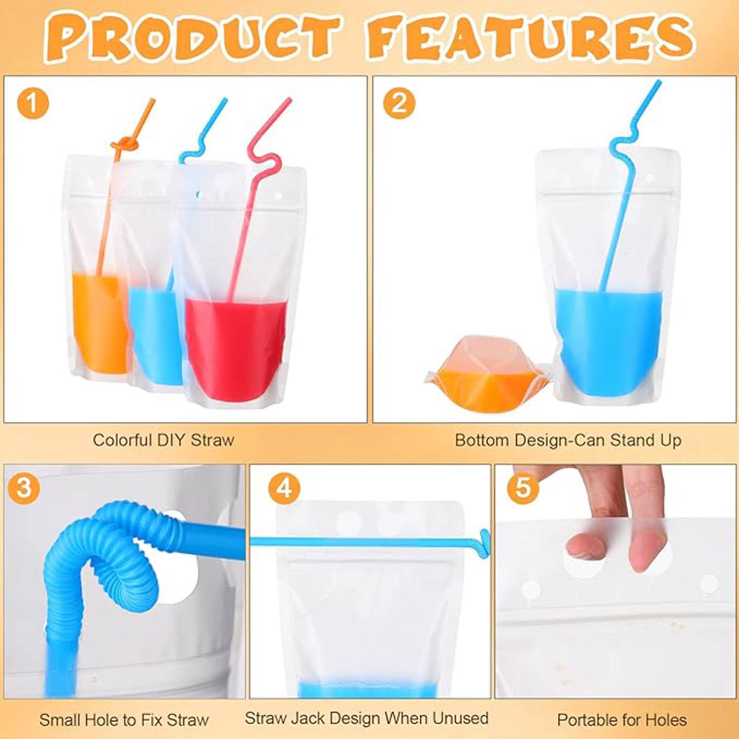 34oz Hand-held Closable Zipper Drinking Pouches With Straw 6