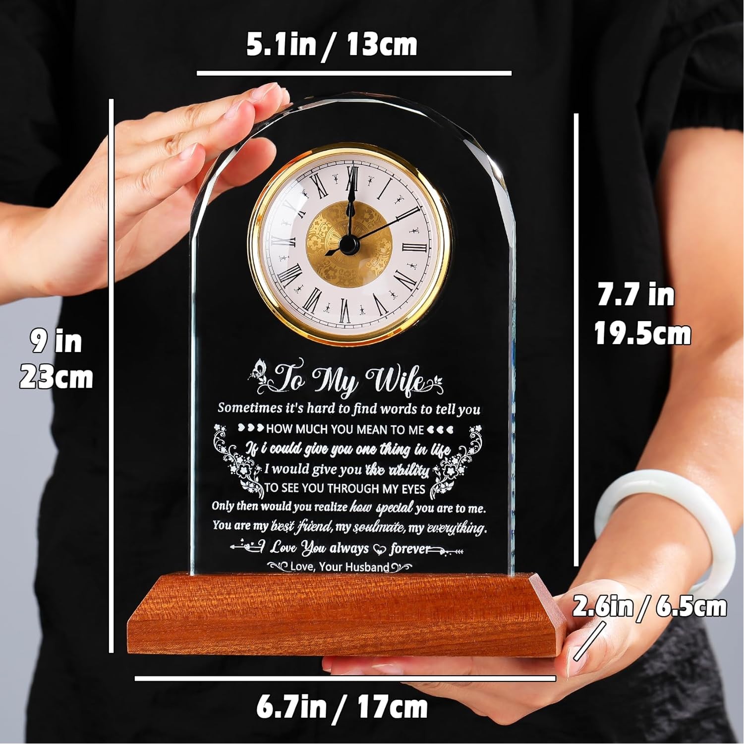Quartz Crystal Engravable Table Clock Glass Office Desk Clock Awards Plaque Wooden Base 2