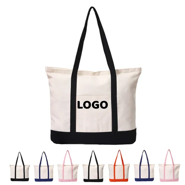 Zippered Two-Tone Canvas Tote with Front Pocket 1