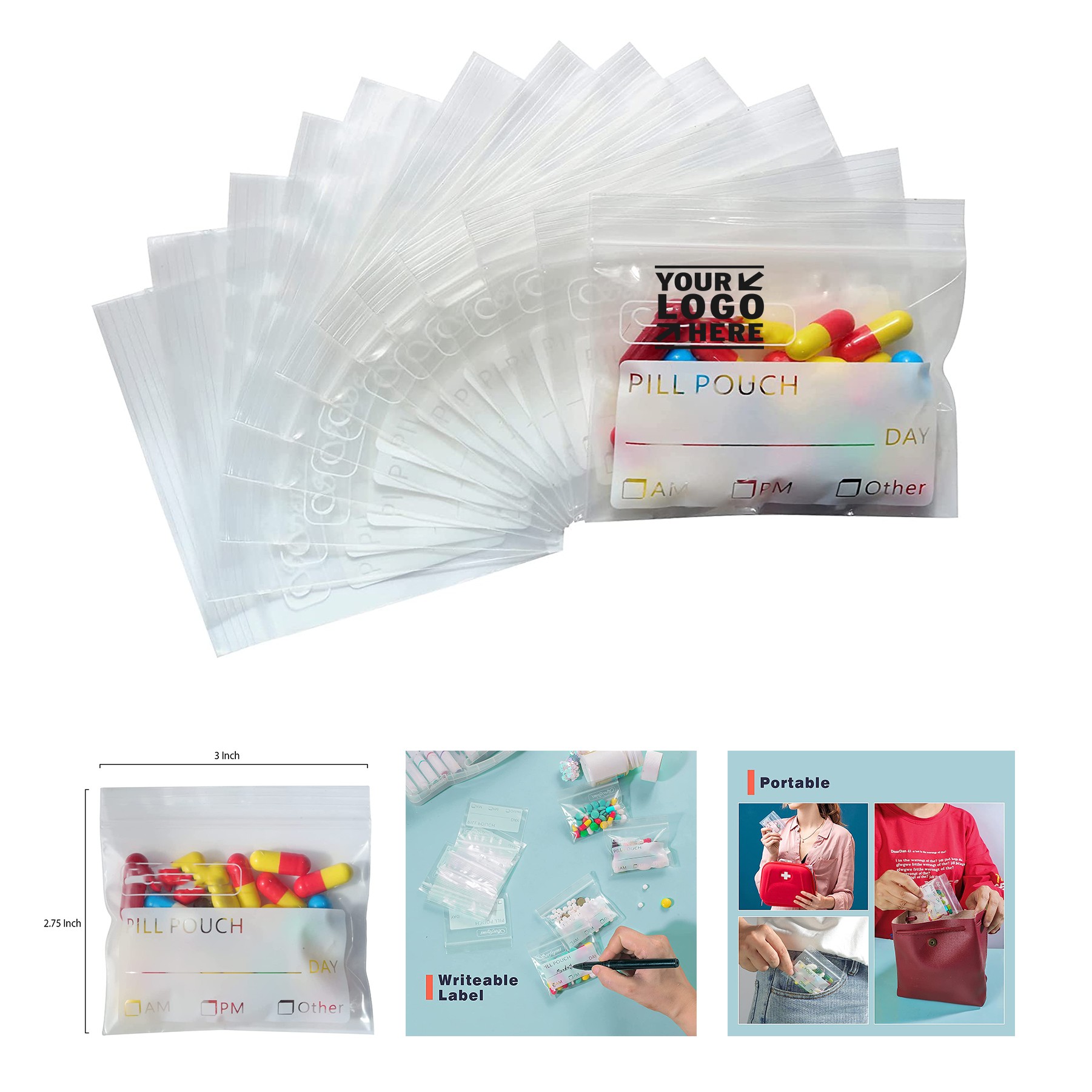 3 x 2.75 Inch Pill Organizer Plastic Travel Vitamine Bag with Write-on Labels Seal 2